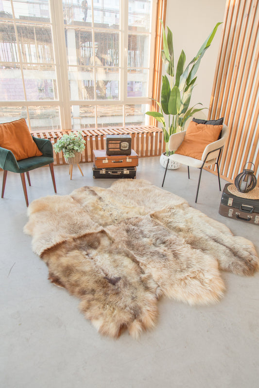 Rug made of six natural sheepskin hides, Shaggy Chair Throw, Home Area Rug , Natural Soft Sheepskin Floor Covering , Cozy and Soft