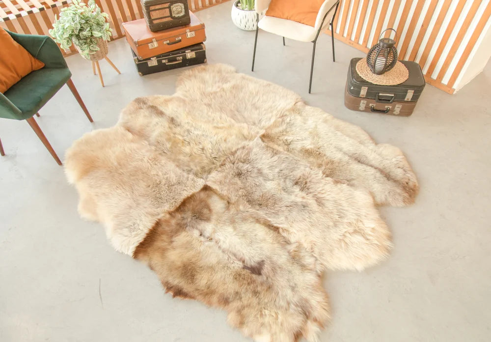 Rug made of six natural sheepskin hides, Shaggy Chair Throw, Home Area Rug , Natural Soft Sheepskin Floor Covering , Cozy and Soft
