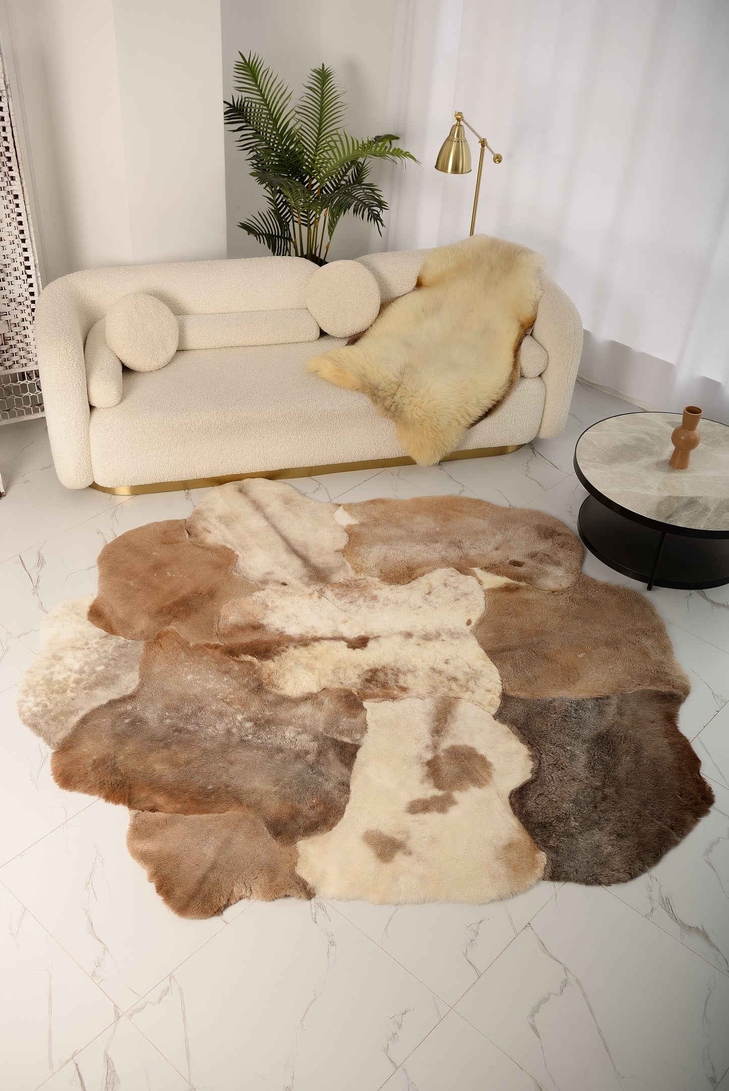 Mossy Rug Made from Light Brown Sheepskins