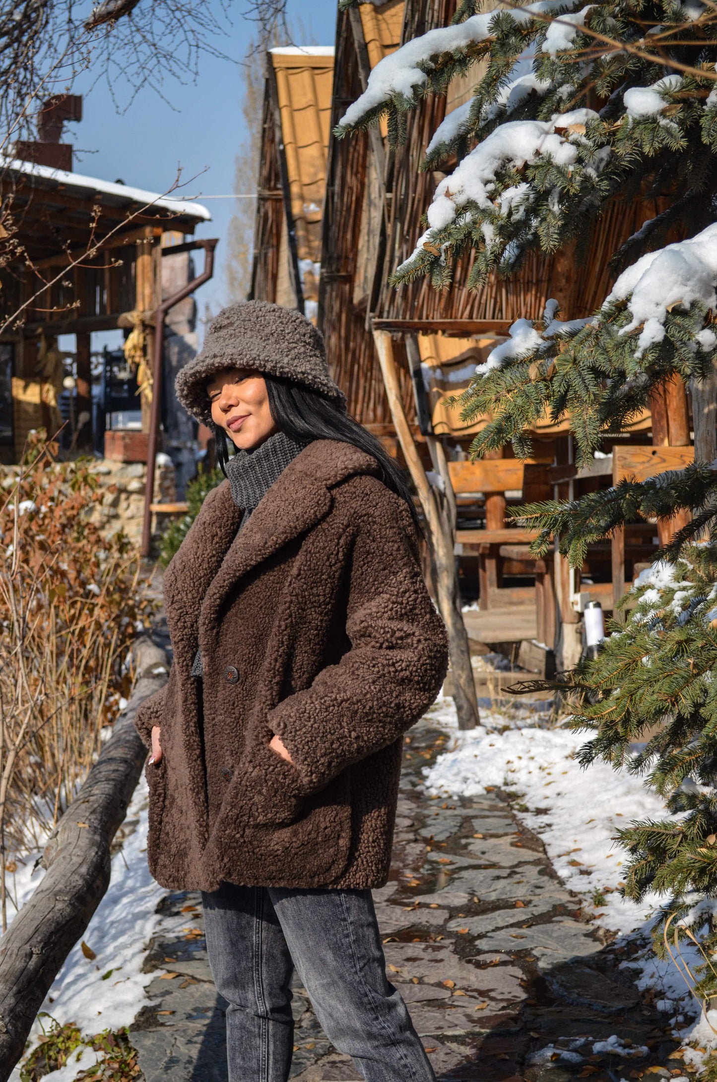 Womens Genuine Boucle Sheepskin Jacket with Wide Collar in Brown Color