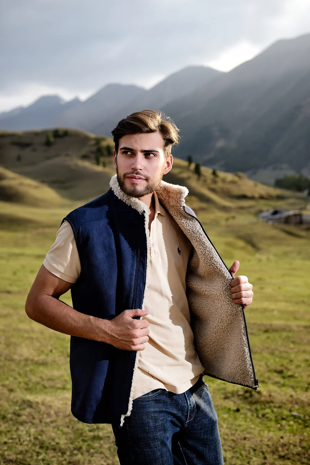 Sheepskin Vest Mens Blue
