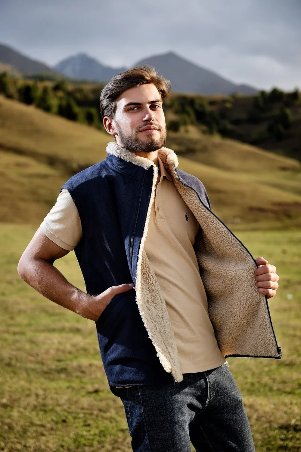 Sheepskin Vest Mens Blue