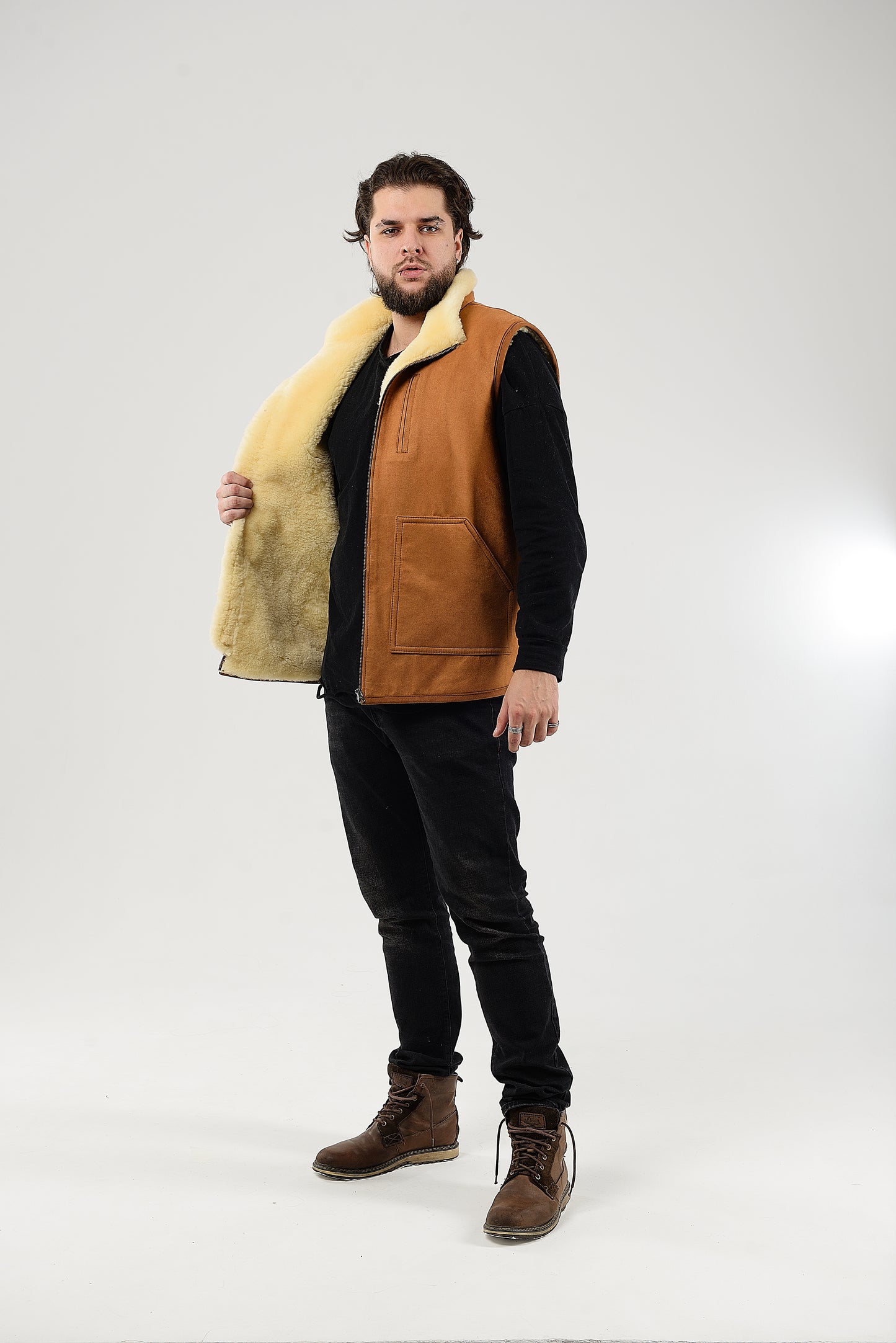 Black Sheepskin Vest with Patch Pocket Medical Sheepskin Hypoallergenic