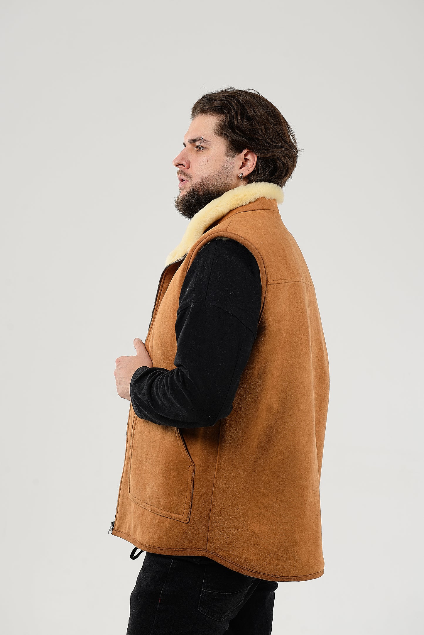 Black Sheepskin Vest with Patch Pocket Medical Sheepskin Hypoallergenic