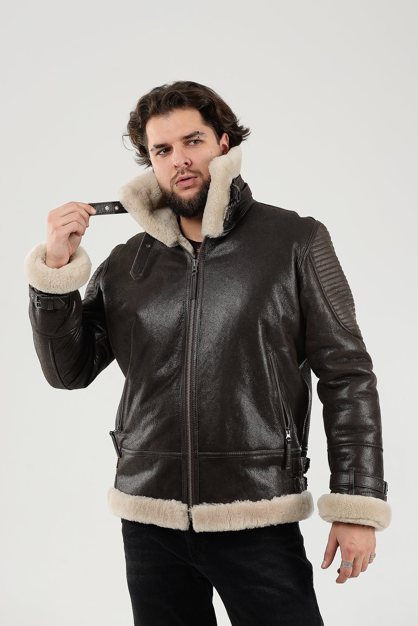 Real Winter Leather Mens Shearling Heiko Jacket with Fur Collar