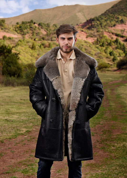 Mens Long Shearling Sheepskin Coat in Black Color with Wide Grey Fur Collar