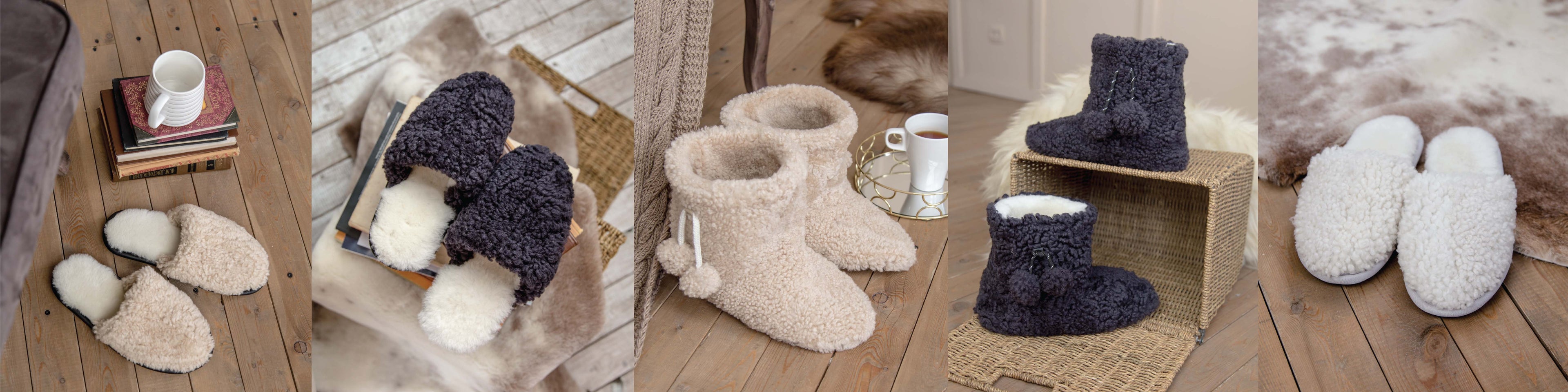 Sheepskin slippers for men and women.