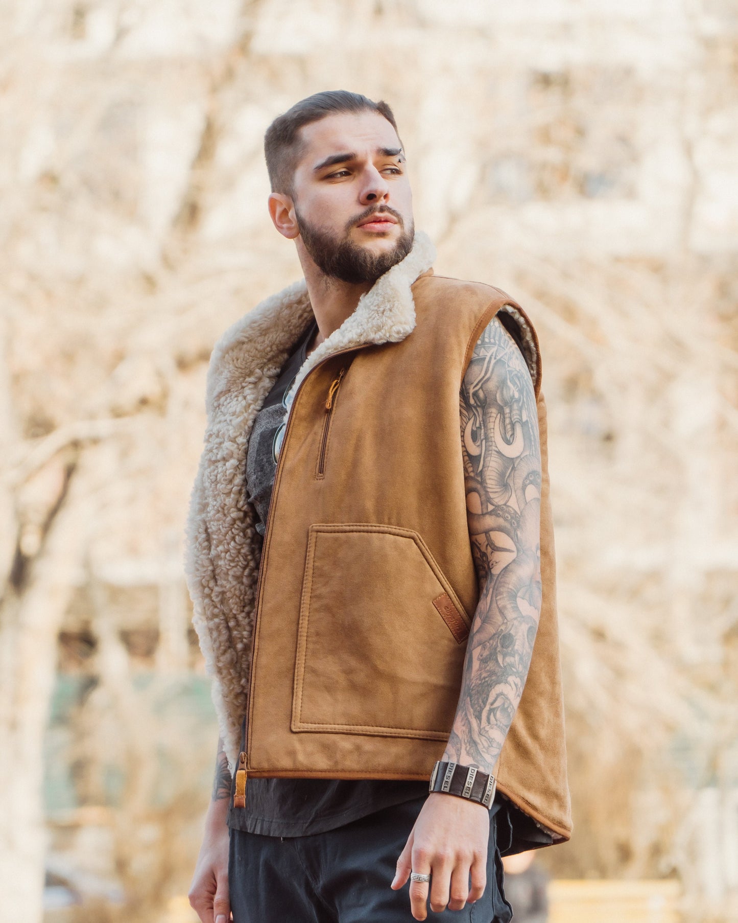 Ginger Western Vest with Big Side Pockets and Soft Fur Lining
