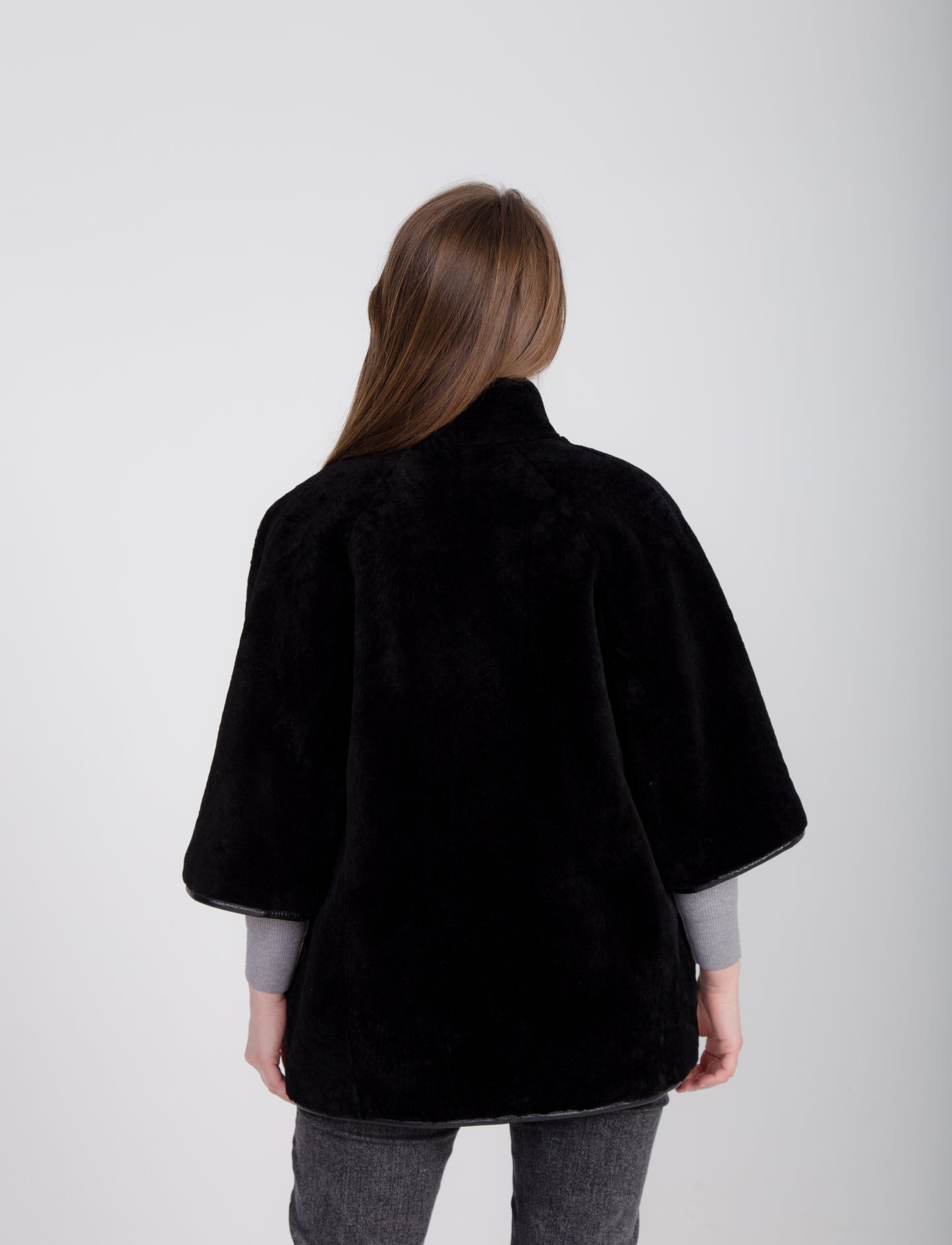 Long Oversize Black Womens Shearling Vest with Boucle Sheepskin and 3/4 Sleeve