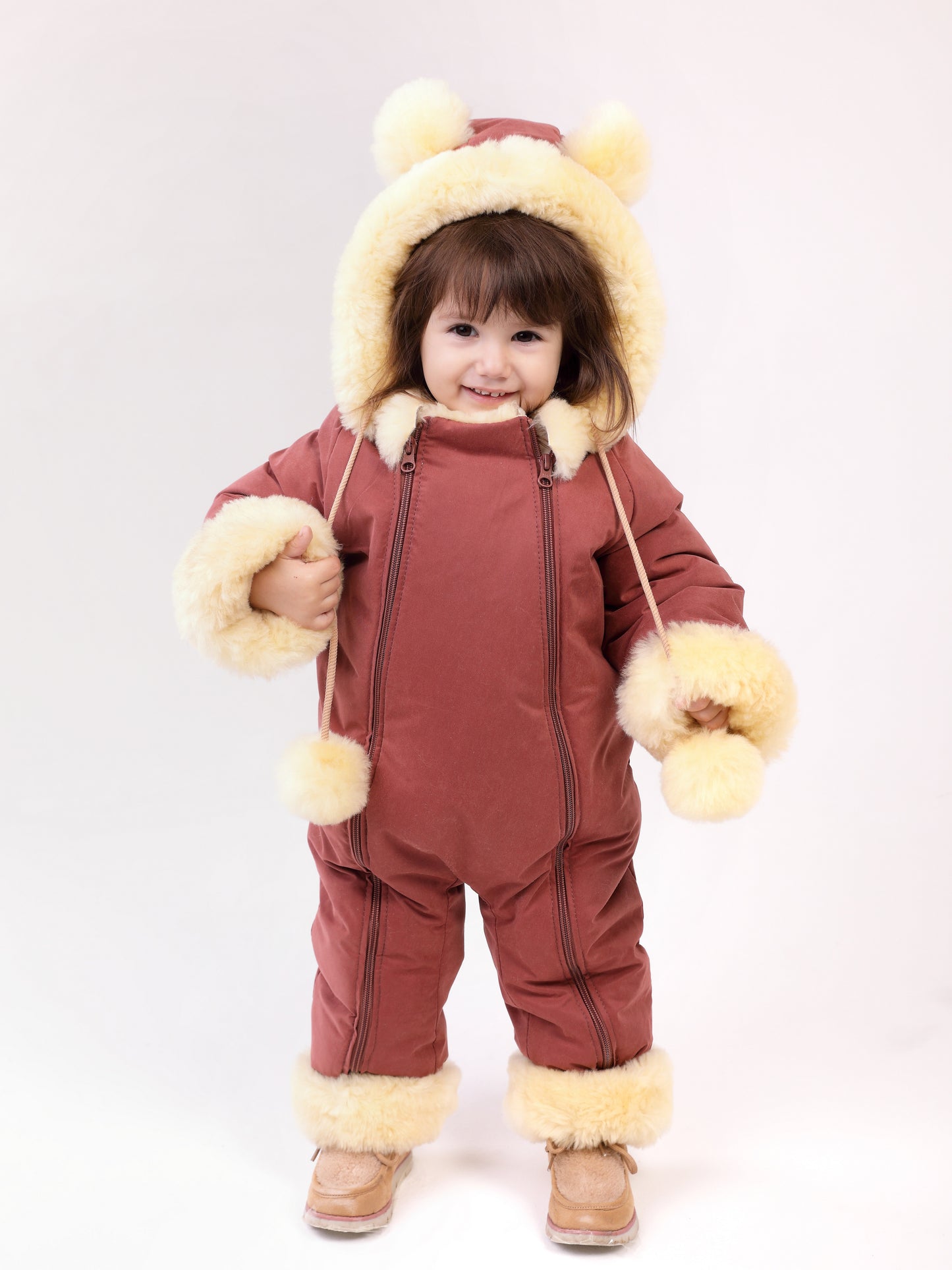 Genuine Sheepskin Winter Baby Fur Hooded Warm Jumpsuit with Fur Trims in Red Color