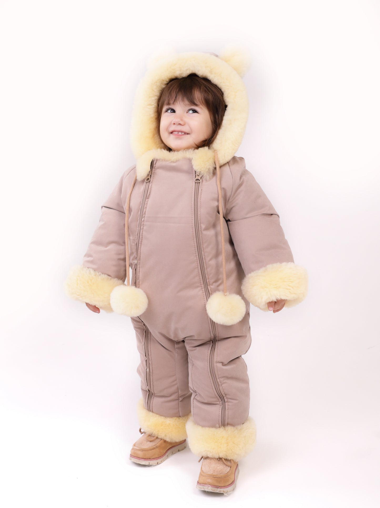 Sheepskin Winter Jumpsuit For Children, Warm And Cosy, Hooded Romper for Baby With Zipper Closure, Shearling Snowsuit For Toddler with Hoodv