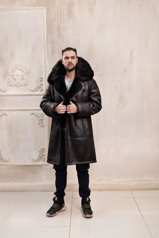 Mens Long Shearling Sheepskin Coat in Black Color with Black Lining and Wide Fur Collar