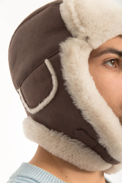 Men's Sheepskin "Aviator" Hat in Brown color