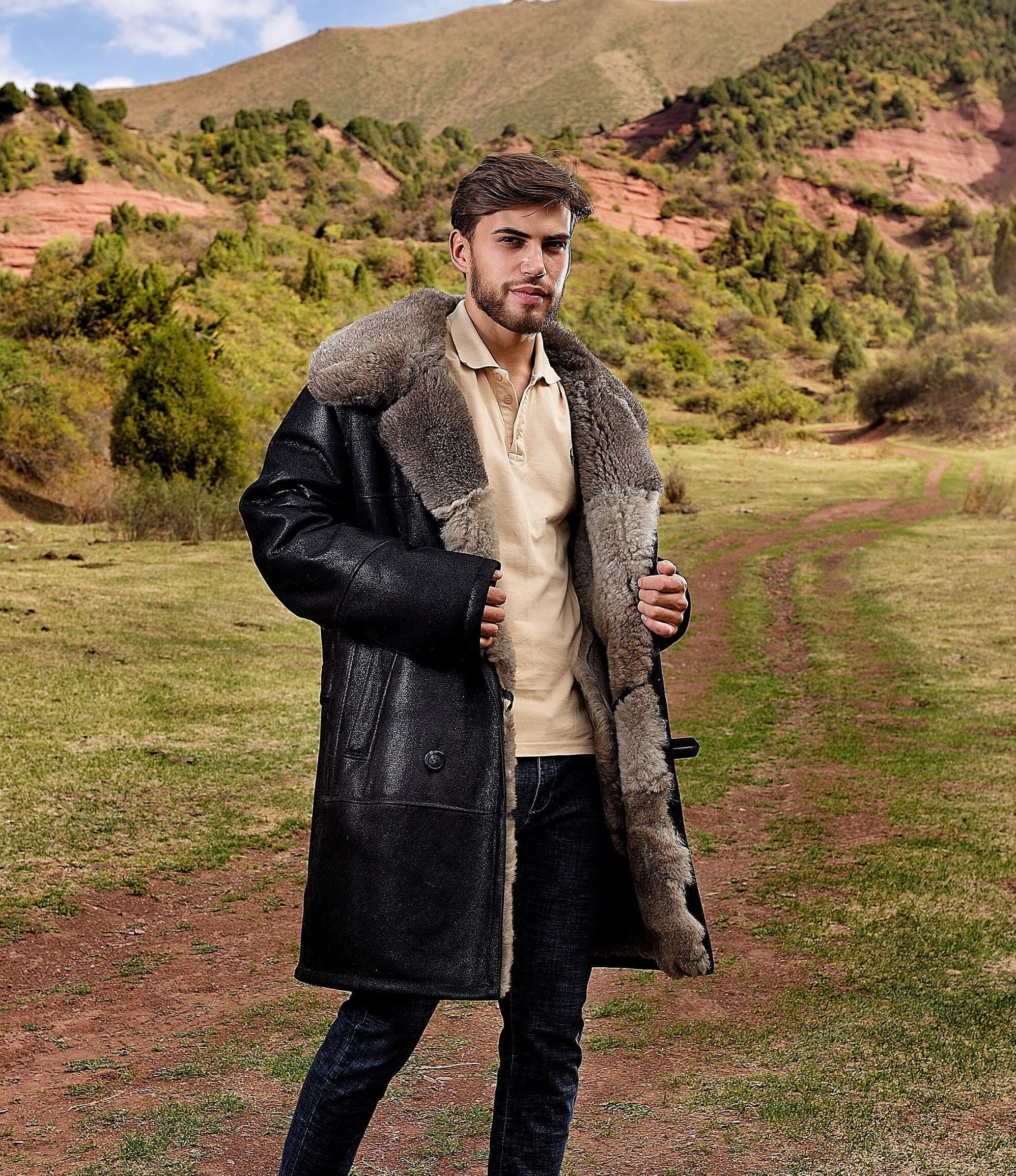 Long coat with fur collar clearance mens