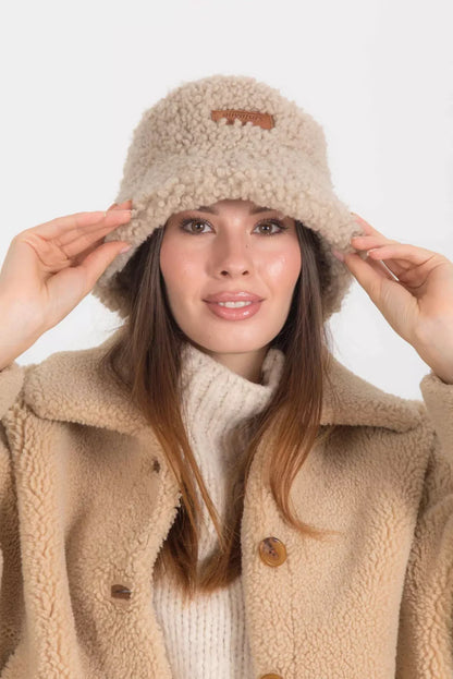 Real Sheepskin Shearling Winter Fur Bucket Hat for Women in Beige