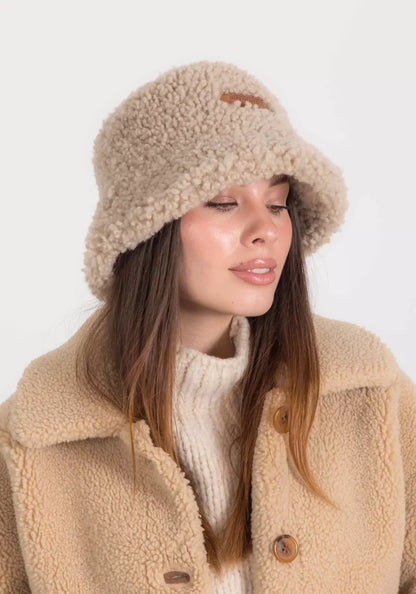 Real Sheepskin Shearling Winter Fur Bucket Hat for Women in Beige