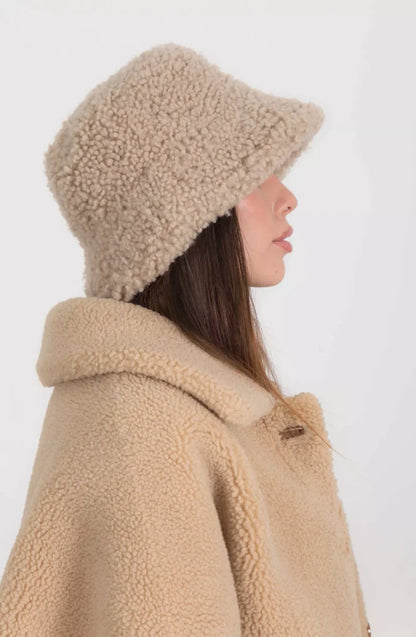 Real Sheepskin Shearling Winter Fur Bucket Hat for Women in Beige