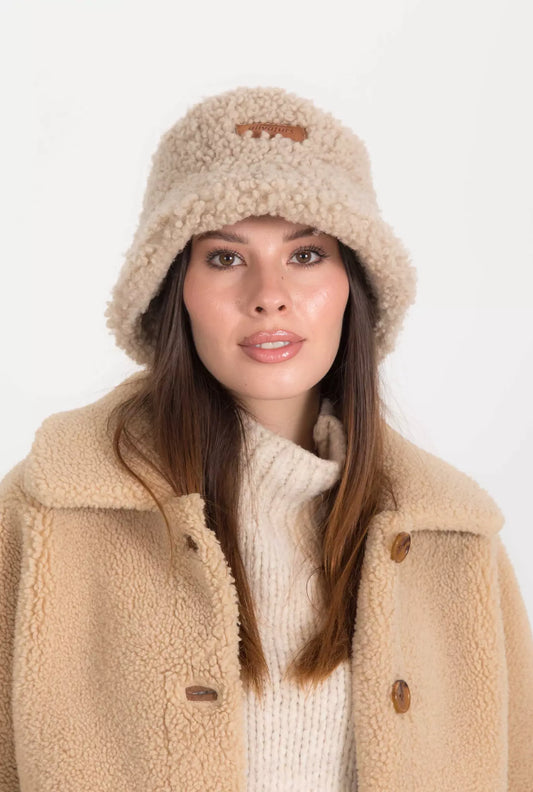 Real Sheepskin Shearling Winter Fur Bucket Hat for Women in Beige