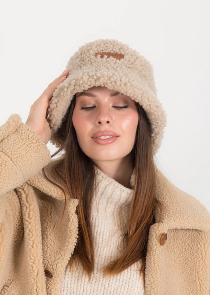 Real Sheepskin Shearling Winter Fur Bucket Hat for Women in Beige