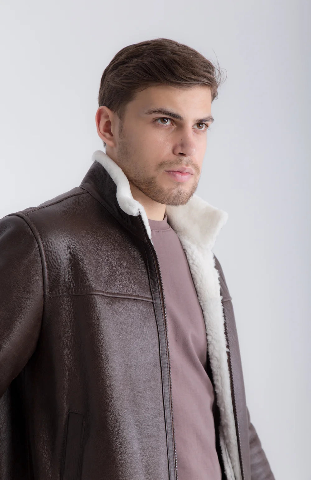 Lightweight Real Shearling Sheepskin Leather Mens Jacket in Brown Color