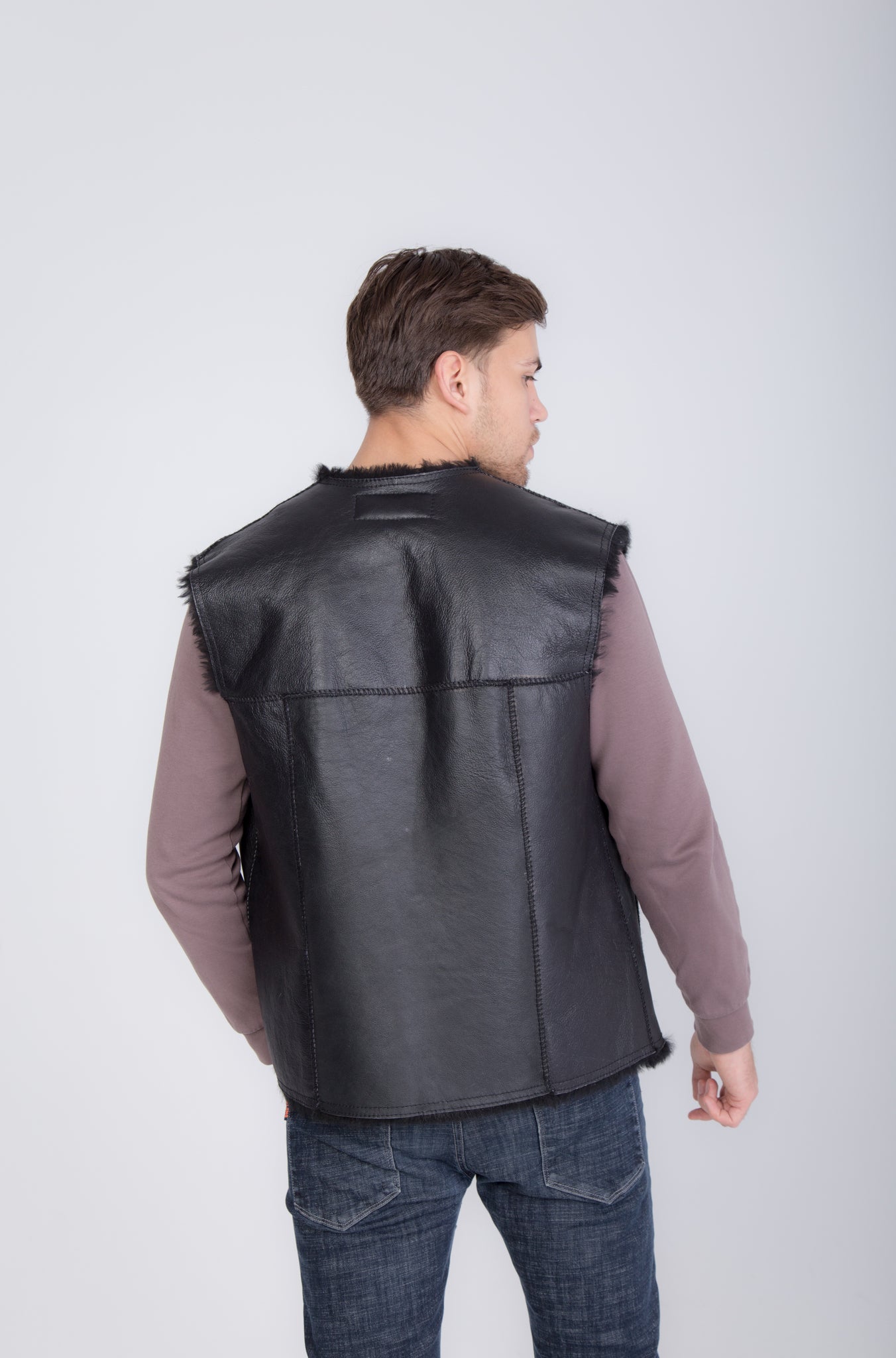 Cowboy Men's Black Thin Sheepskin Vest with Fur Lining and Front Button Closure