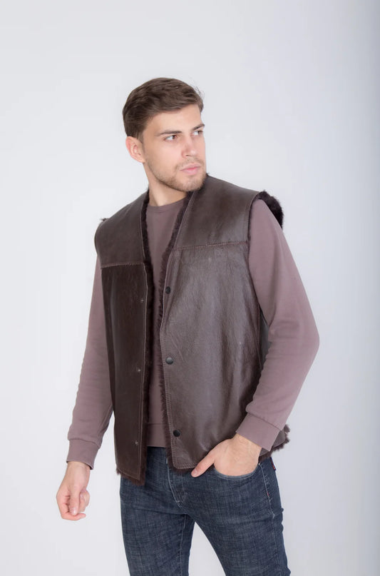 Cowboy Men's Brown Thin Sheepskin Vest with Fur Lining and Front Button Closure