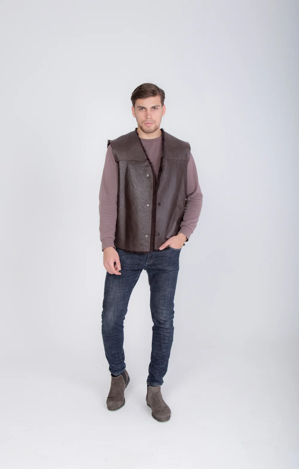 Cowboy Men's Brown Thin Sheepskin Vest with Fur Lining and Front Button Closure