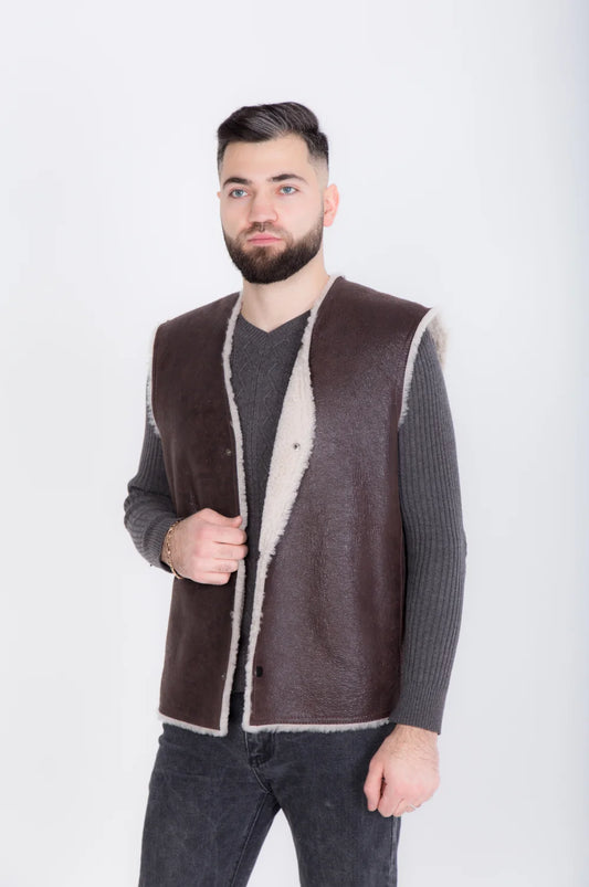 Cowboy Men's Thin Sheepskin Vest with Contrasting Light Fur Lining Front Button Closure