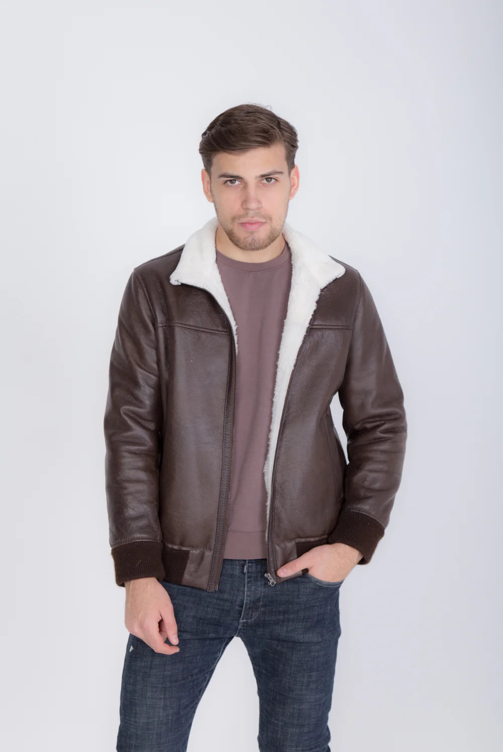 Lightweight Real Shearling Sheepskin Leather Mens Jacket in Brown Color