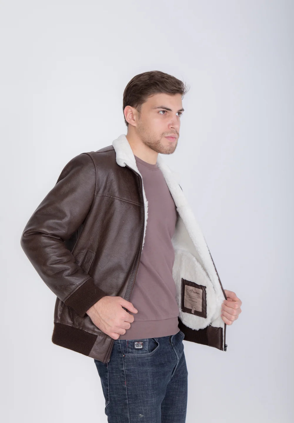 Lightweight Real Shearling Sheepskin Leather Mens Jacket in Brown Color