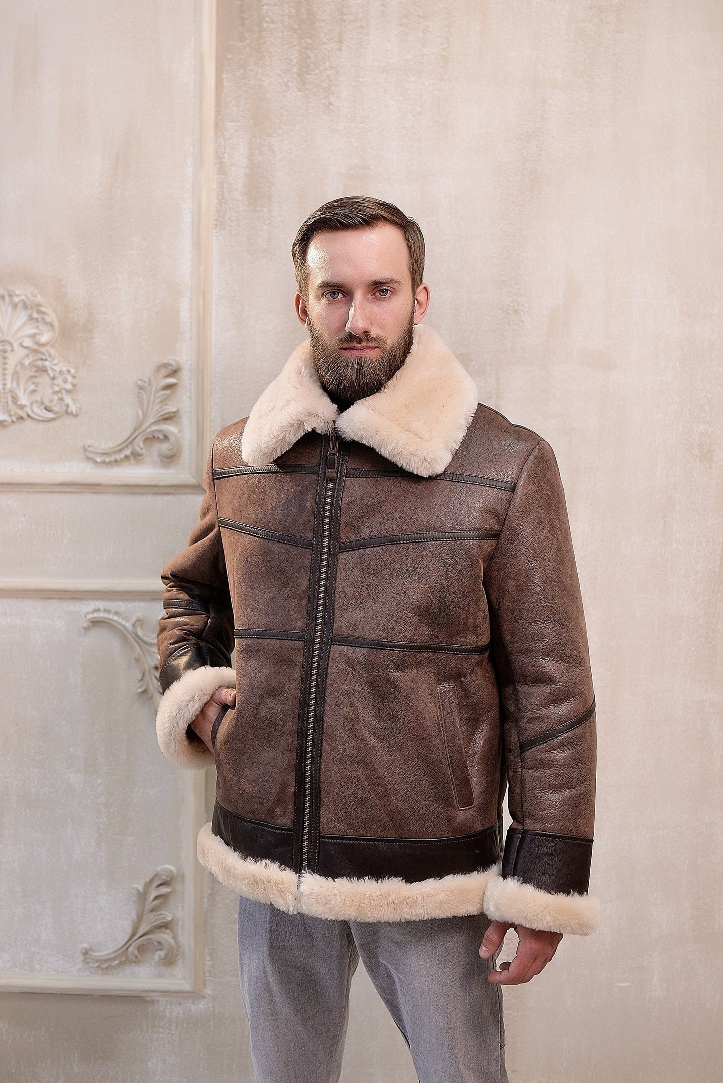 Real Mens Shearling Sheepskin Aviator Jacket in  Brown Color with Light Wide Fur Collar