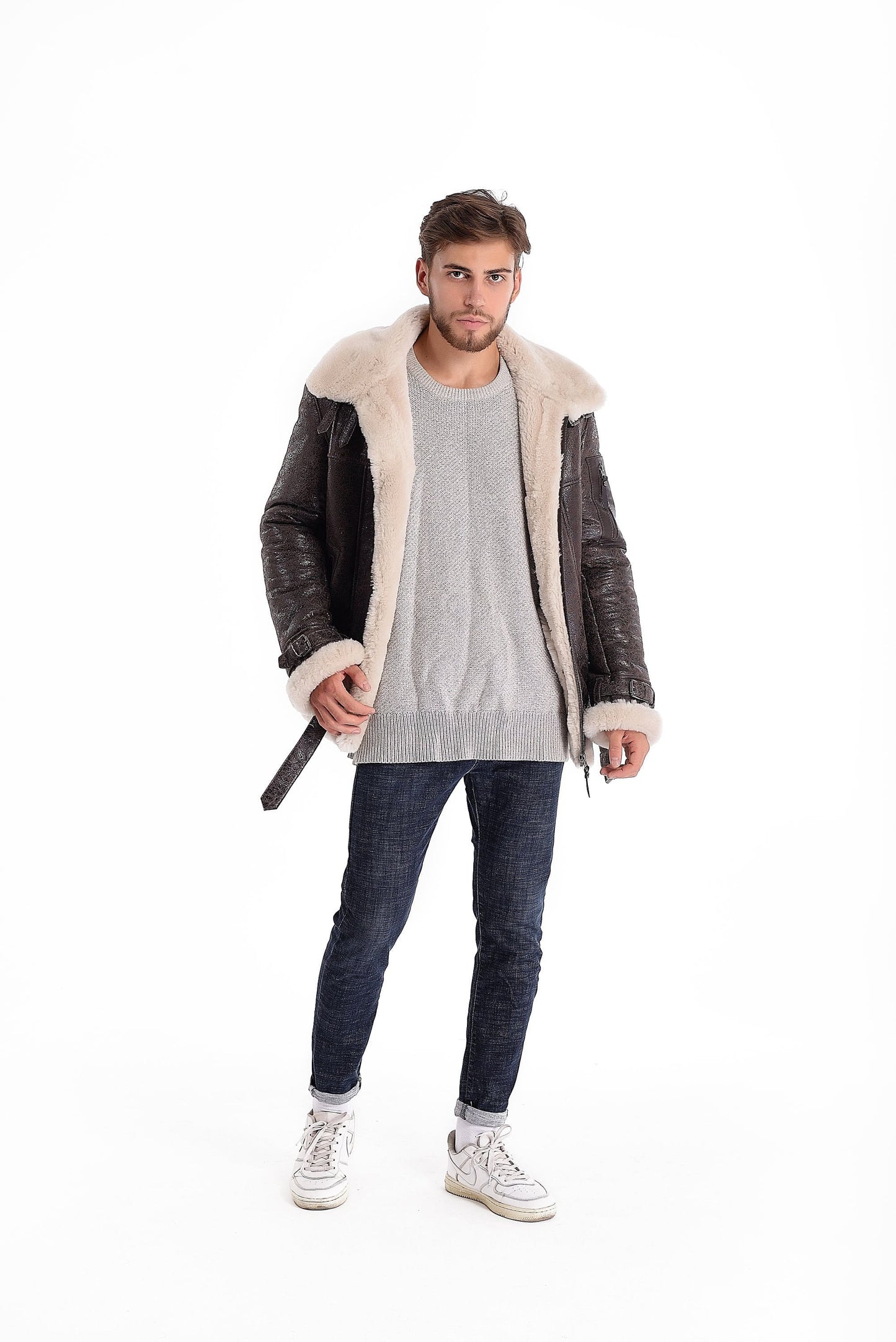 Real Shearling Sheepskin Leather Mens Pilot Jacket in Brown Color with Light Fur Lining