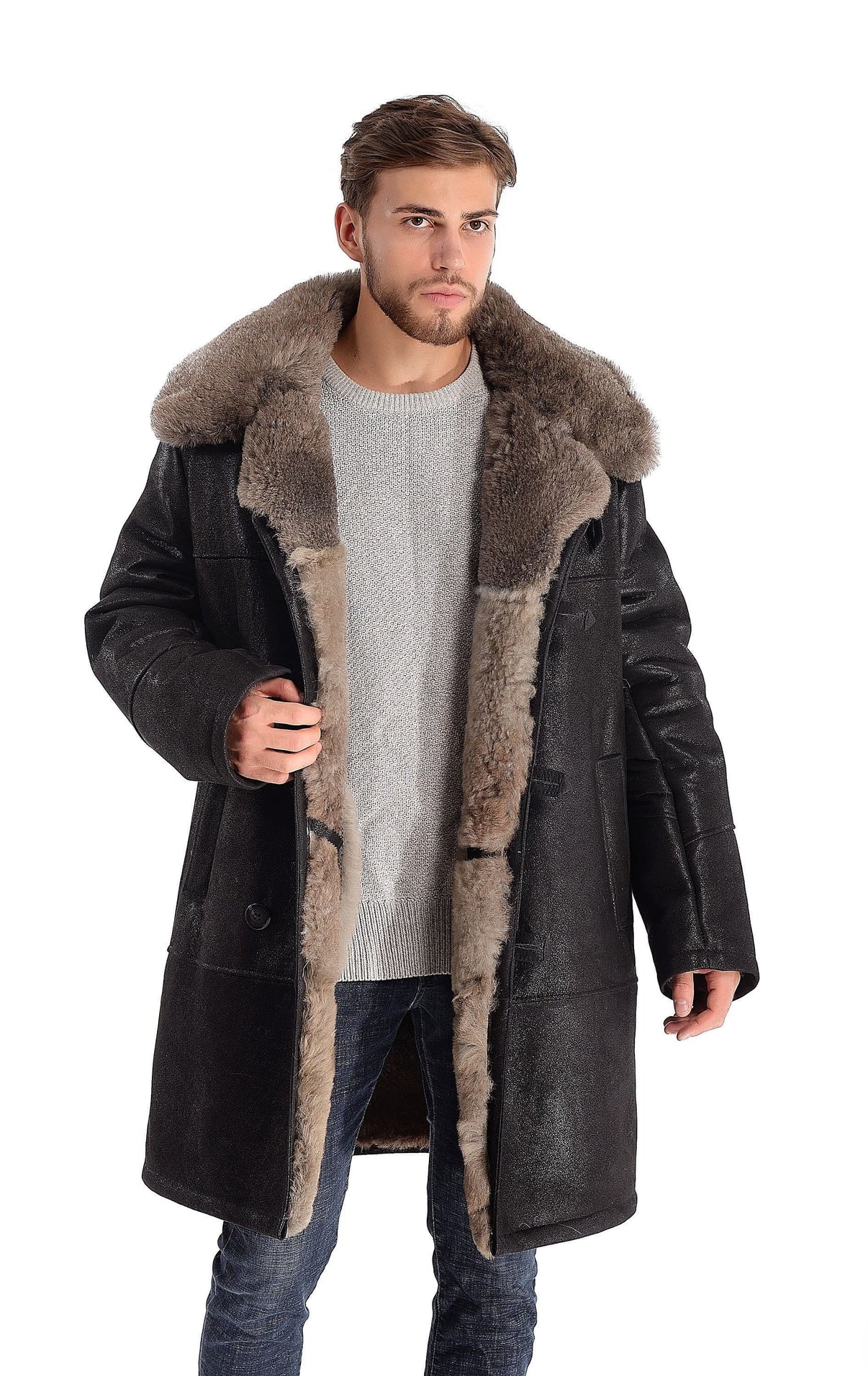 Mens Long Shearling Sheepskin Coat in Black Color with Wide Grey Fur Collar