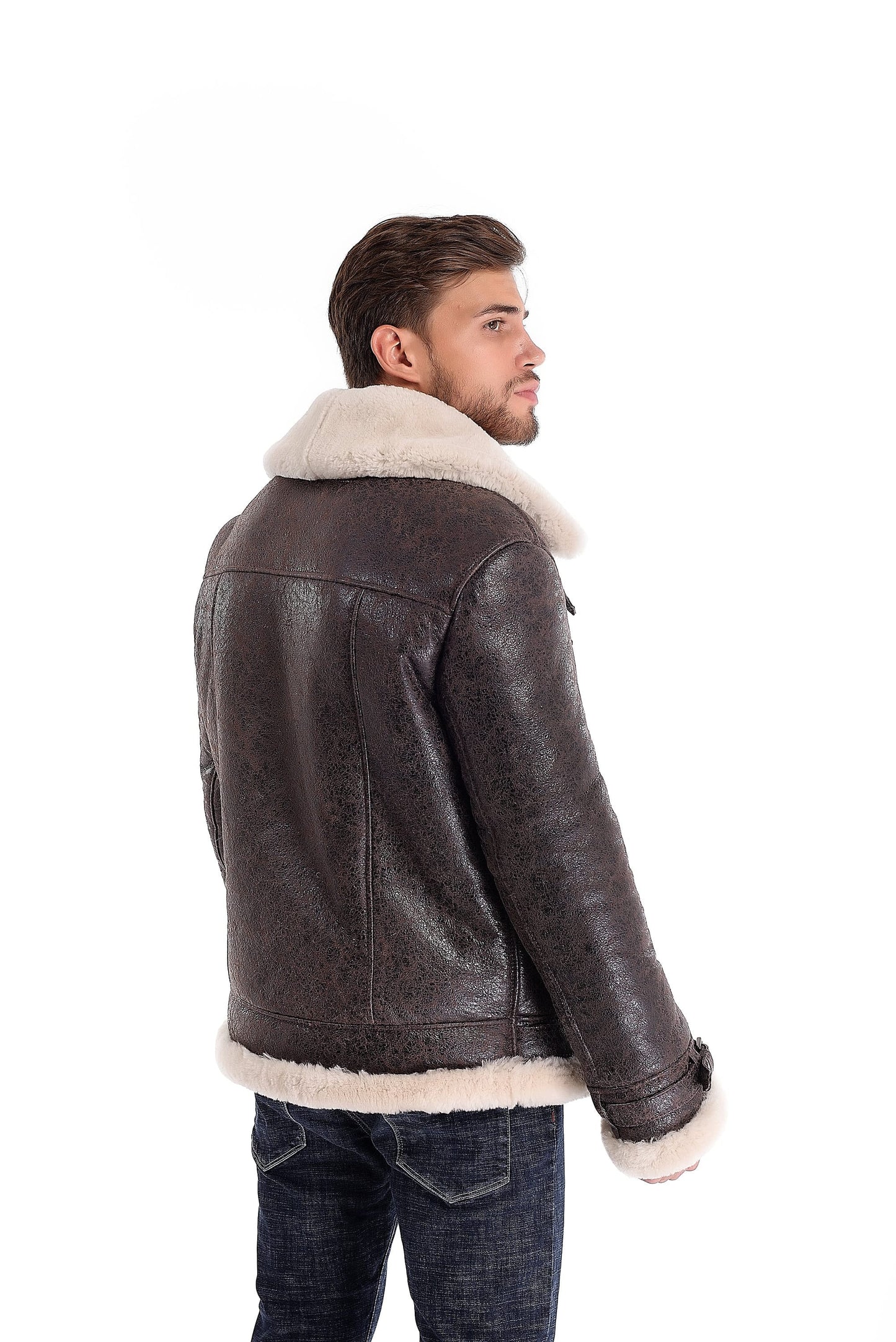 Real Shearling Sheepskin Leather Mens Pilot Jacket in Brown Color with Light Fur Lining