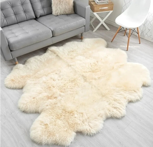 Golden-white rug made of six sheepskin hides with long pile, Shaggy Chair Throw, Home Area Rug , Natural Soft Sheepskin Floor Covering , Cozy and Soft