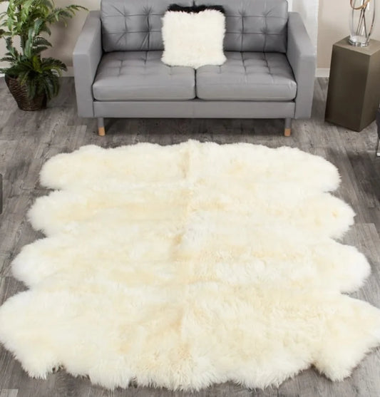 Golden-white rug made of eight sheepskin hides with long pile, Shaggy Chair Throw, Home Area Rug , Natural Soft Sheepskin Floor Covering , Cozy and Soft