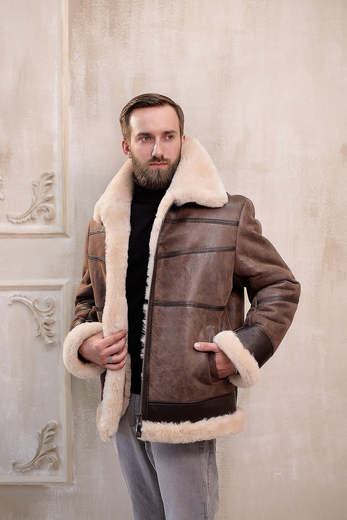 Real Mens Shearling Sheepskin Aviator Jacket in  Brown Color with Light Wide Fur Collar