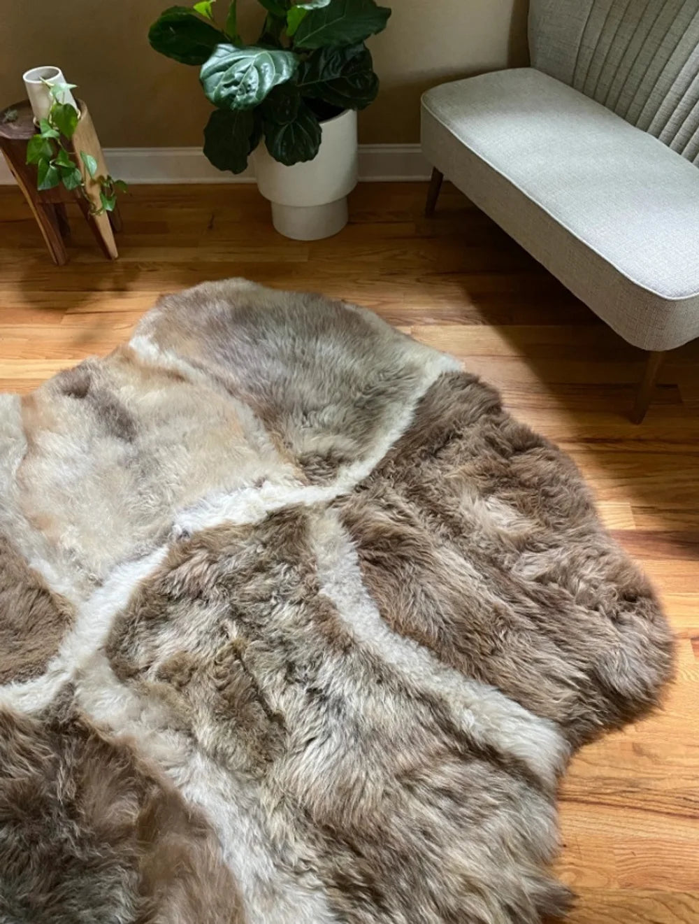 Rug made of eight sheepskin hides with long pile in grey-beige color, Shaggy Chair Throw, Home Area Rug , Natural Soft Sheepskin Floor Covering , Cozy and Soft