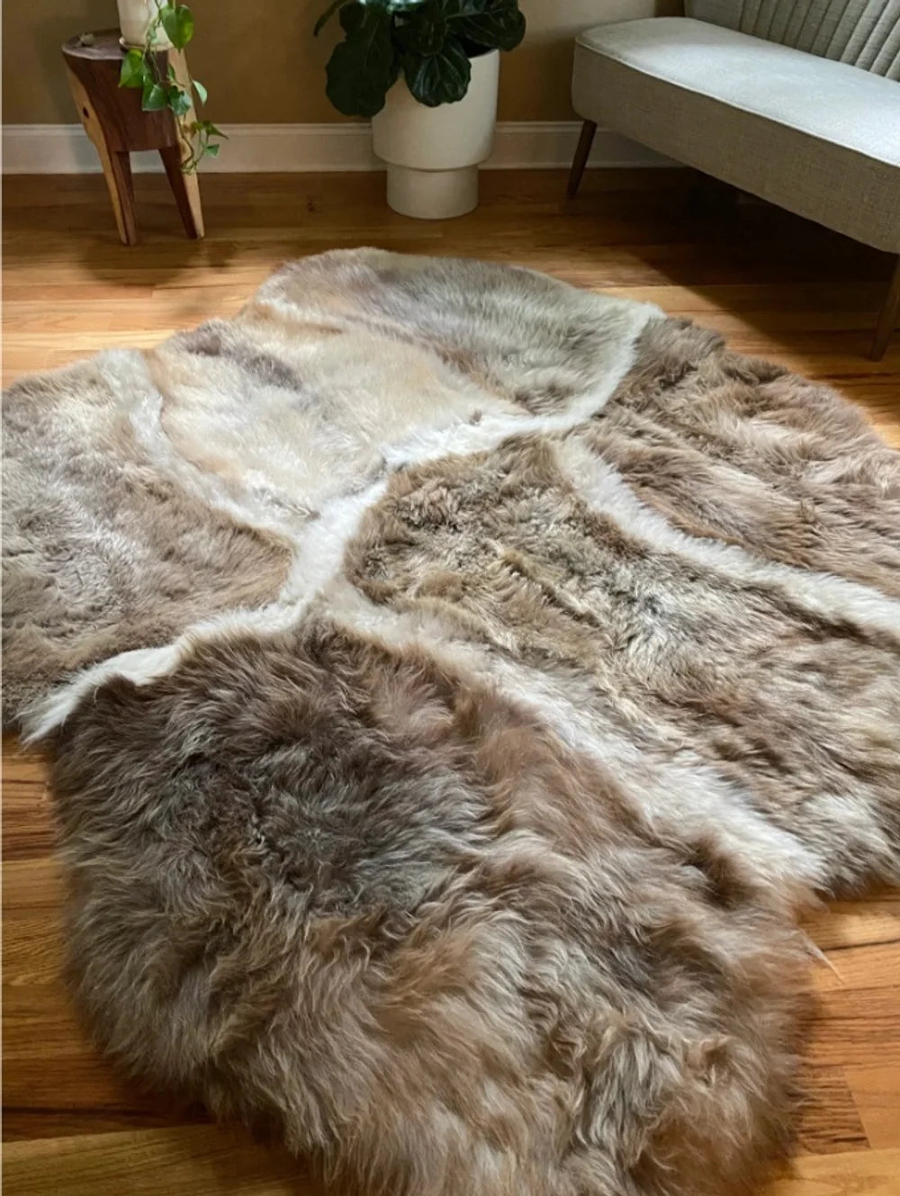 Rug made of eight sheepskin hides with long pile in grey-beige color, Shaggy Chair Throw, Home Area Rug , Natural Soft Sheepskin Floor Covering , Cozy and Soft