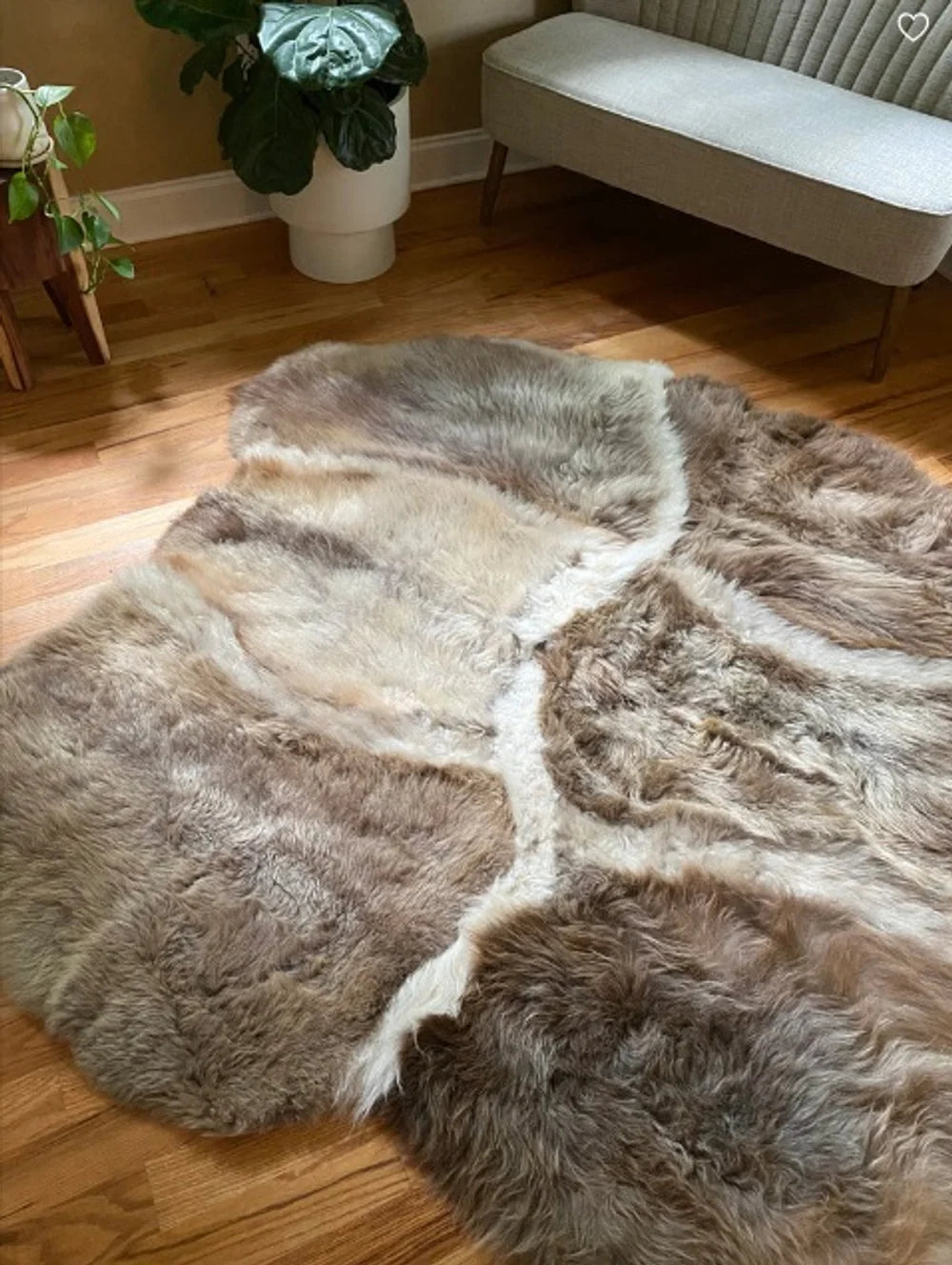  Rug made of eight sheepskin hides with long pile in grey-beige color, Shaggy Chair Throw, Home Area Rug , Natural Soft Sheepskin Floor Covering , Cozy and Soft