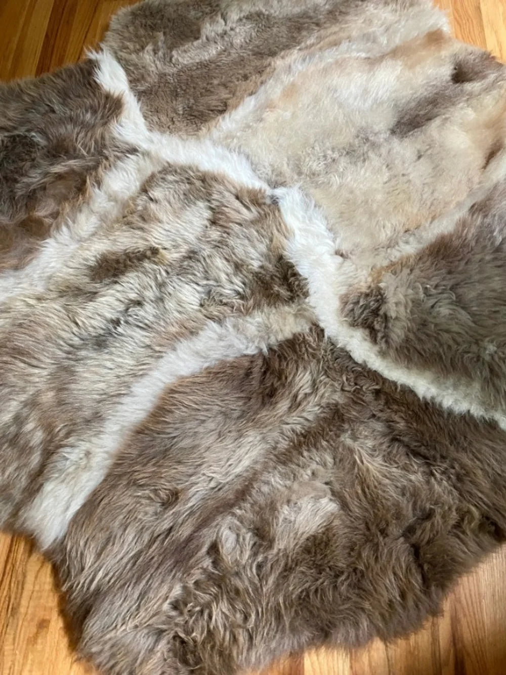 Rug made of eight sheepskin hides with long pile in grey-beige color, Shaggy Chair Throw, Home Area Rug , Natural Soft Sheepskin Floor Covering , Cozy and Soft