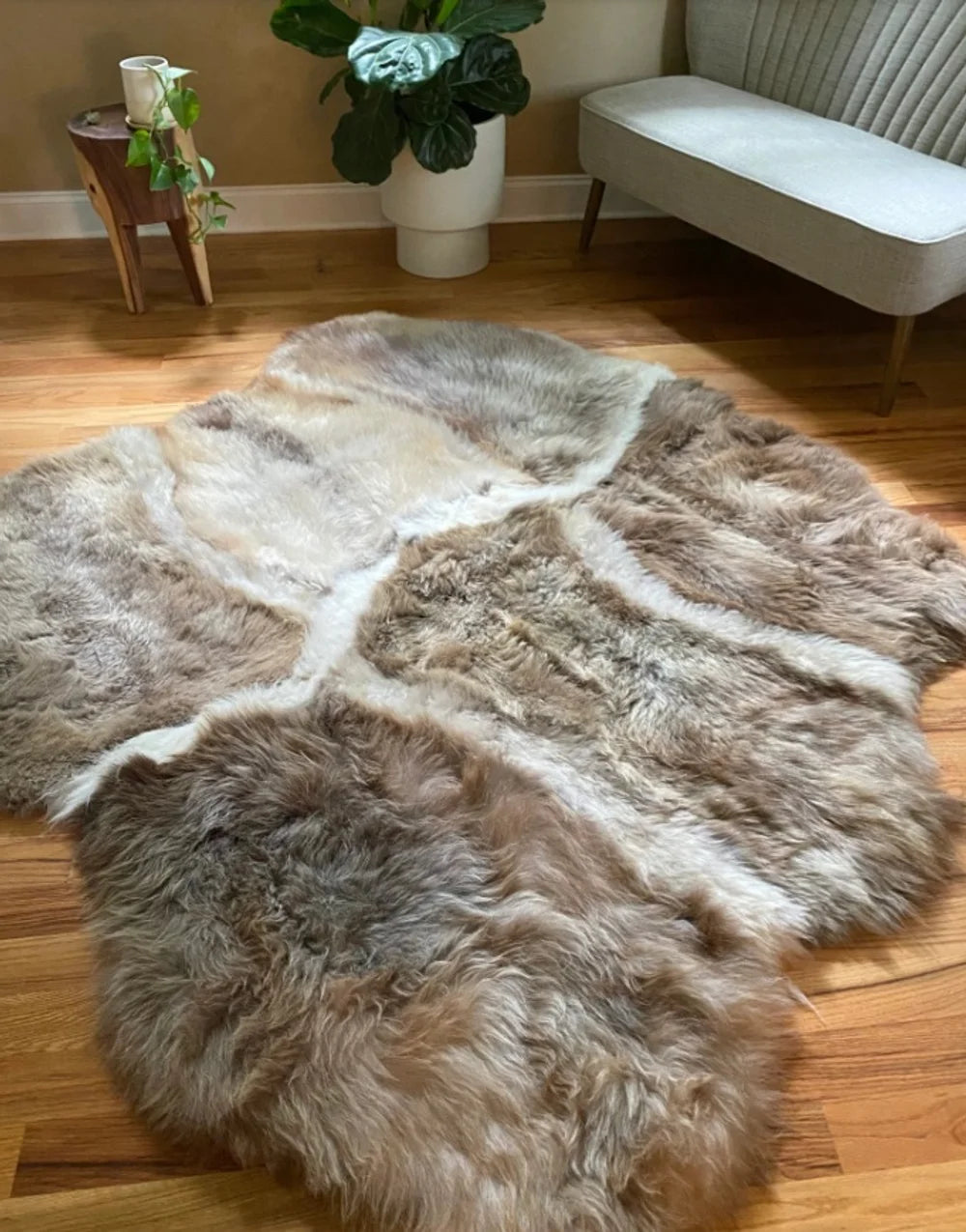 Rug made of eight sheepskin hides with long pile in grey-beige color, Shaggy Chair Throw, Home Area Rug , Natural Soft Sheepskin Floor Covering , Cozy and Soft