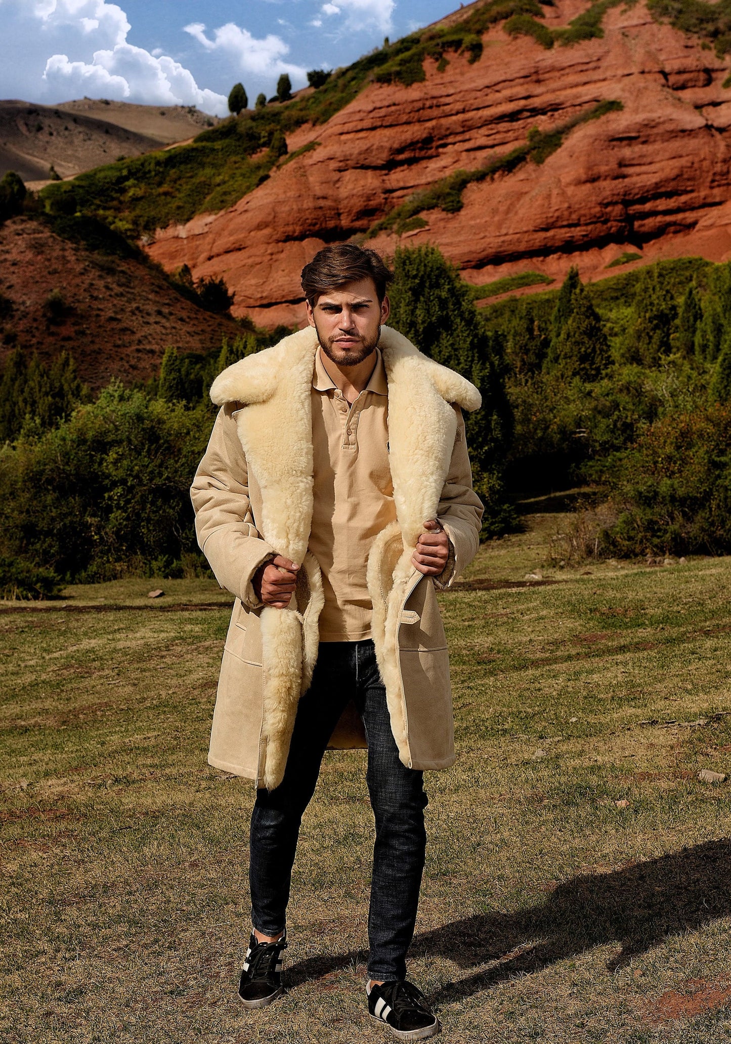 Mens Long Traditional Sheepskin Trench Coat in White Color with Wide Fur Collar