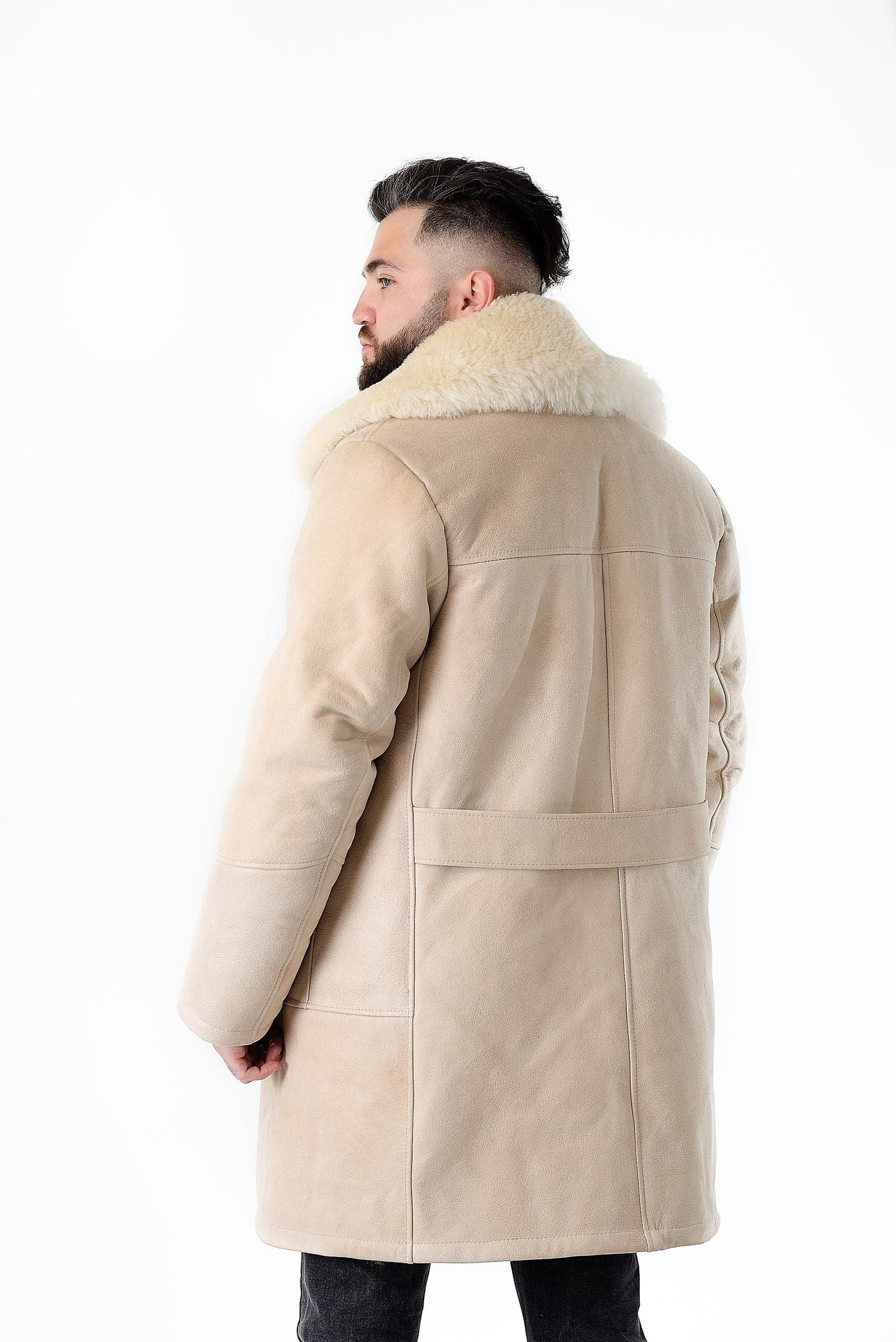 Mens Long Traditional Sheepskin Trench Coat in White Color with Wide Fur Collar