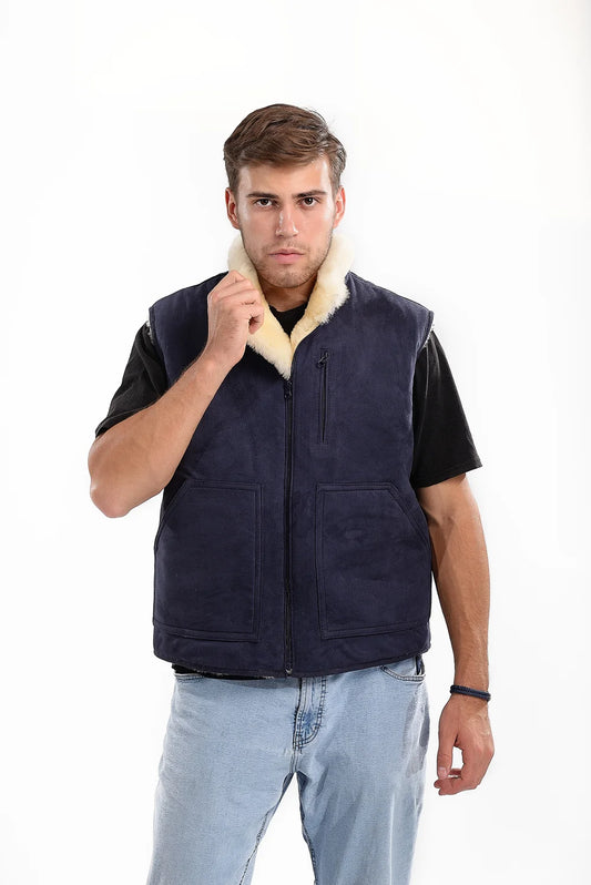 Sheepskin Vest Denim Blue Hypoallergenic Zip Patch Pocket Medical Sheepskin