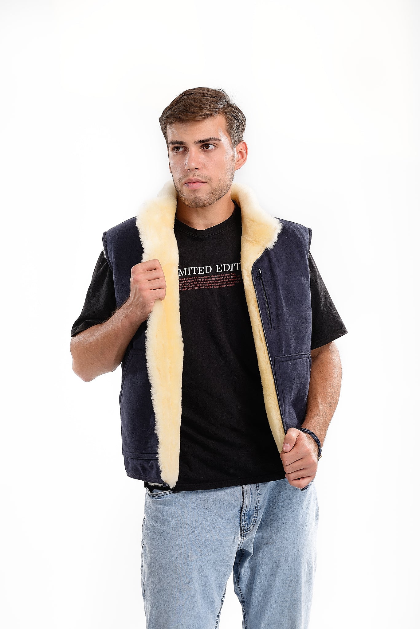 Sheepskin Vest Denim Blue Hypoallergenic Zip Patch Pocket Medical Sheepskin