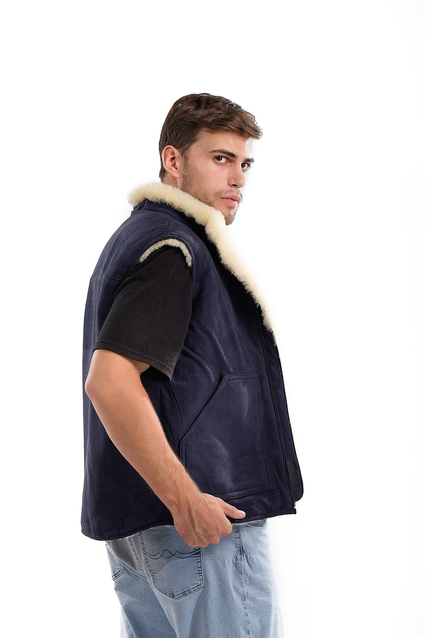 Sheepskin Vest Denim Blue Hypoallergenic Zip Patch Pocket Medical Sheepskin