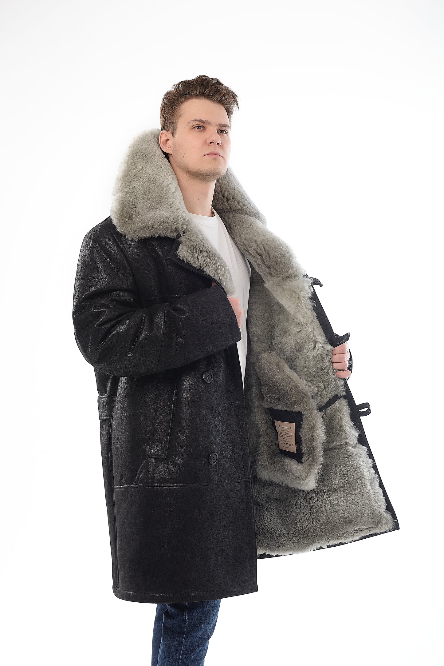 Men’s Long Traditional Shearling Coat with Light Fur – Black