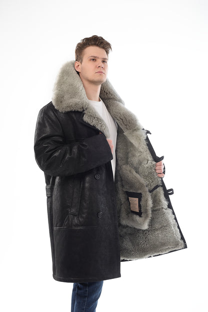 Men’s Long Traditional Shearling Coat with Light Fur – Black