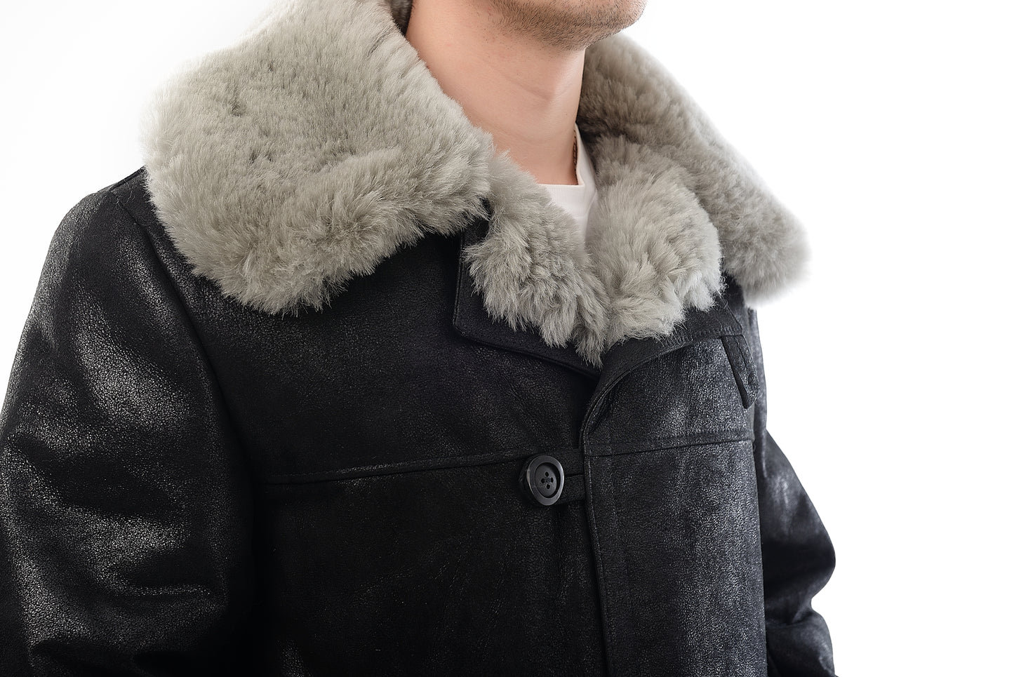 Men’s Long Traditional Shearling Coat with Light Fur – Black